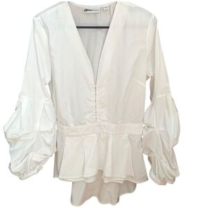 New York & Company Stretch White Puff Sleeve Blouse Size large